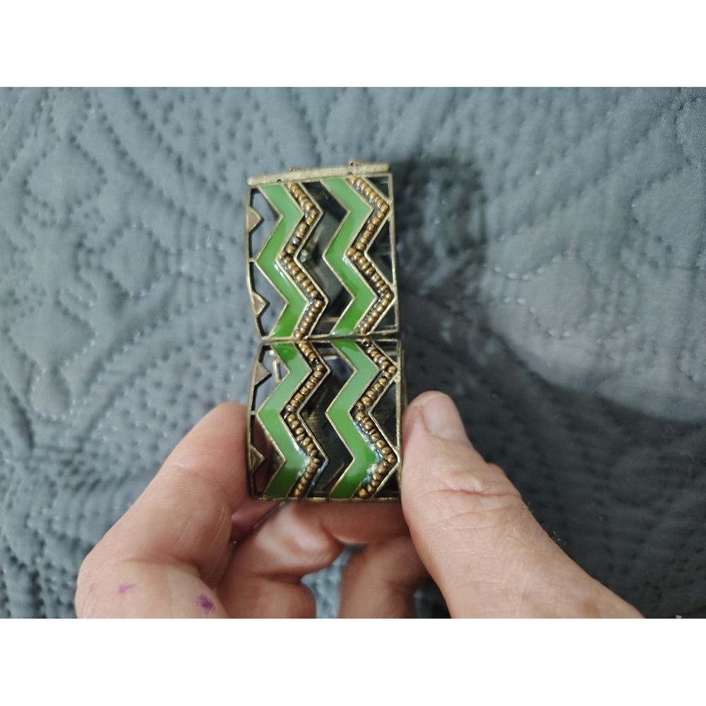 Green Enamel Chevron Stretch Bracelet Bronze Tone Boho Geometric Wide Cuff